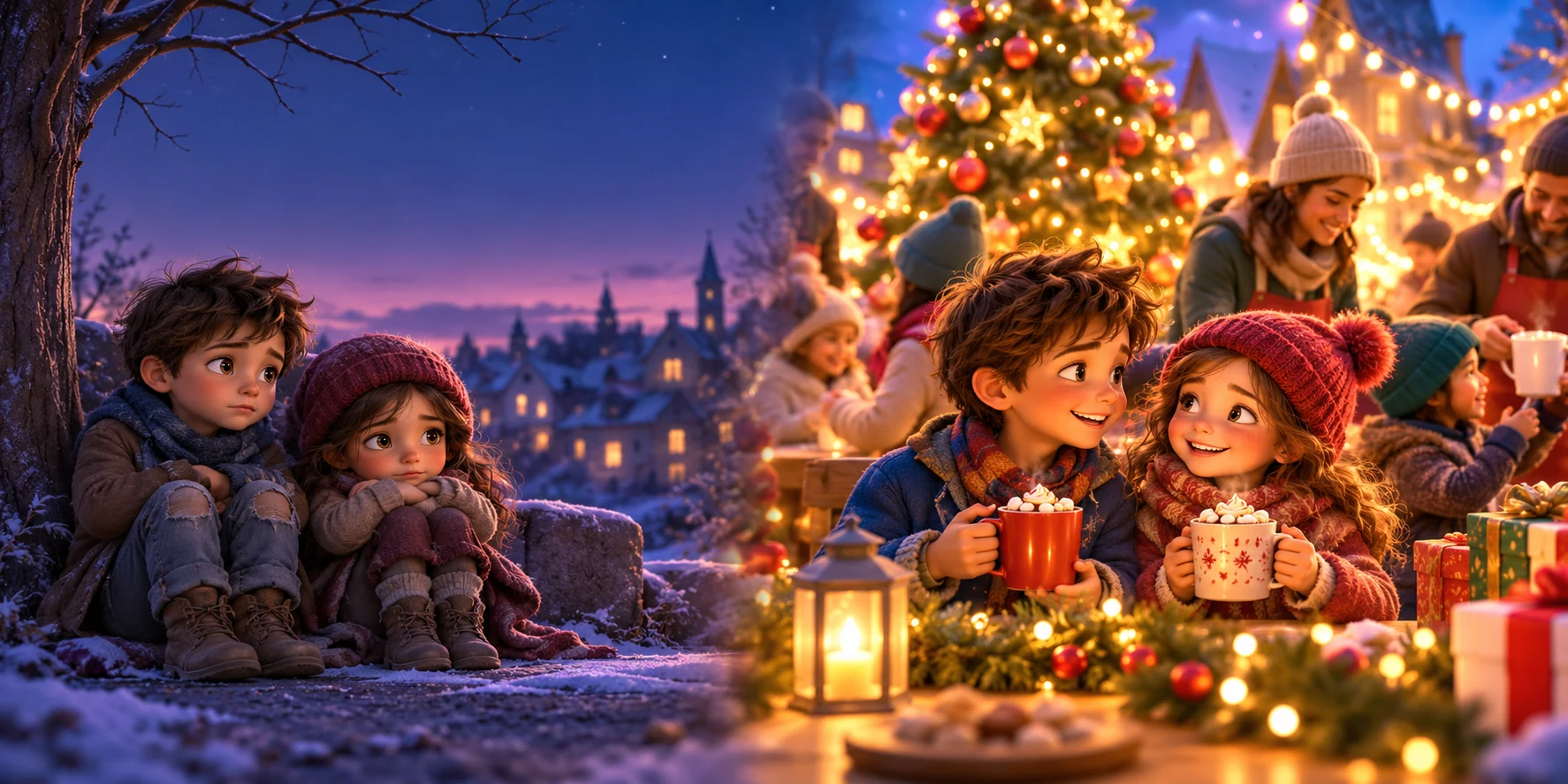 Antes y después de una chocolatada navideña: niños esperando ayuda y luego compartiendo chocolate caliente y regalos