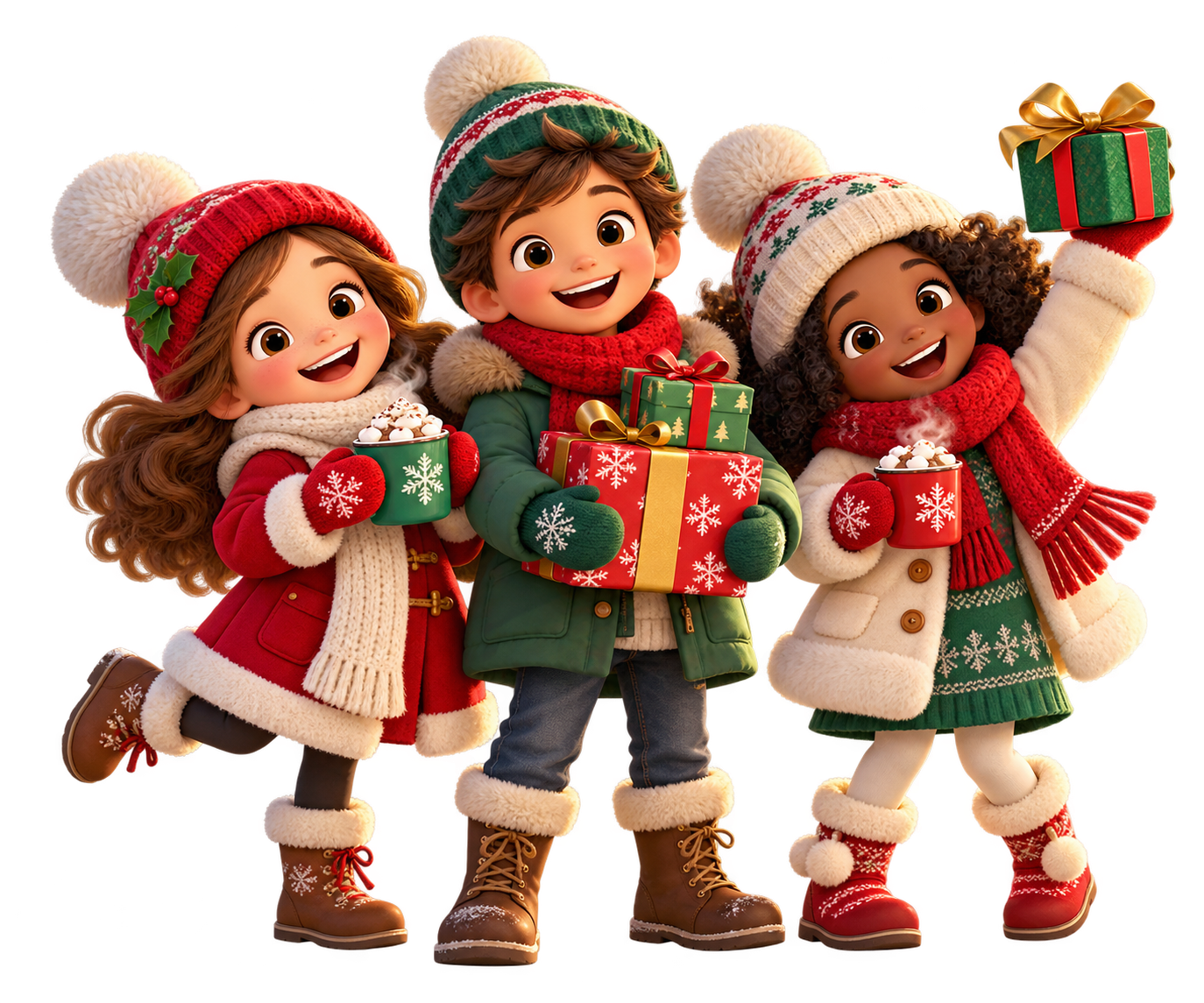 Tres personajes festivos celebran con chocolate caliente y regalos